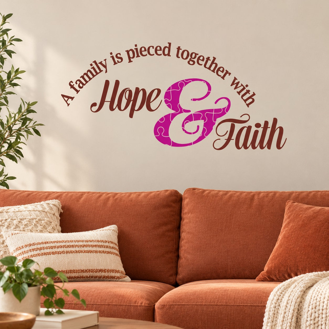 Inspirational die-cut wall decal with “Hope and Faith” quote and purple heart design