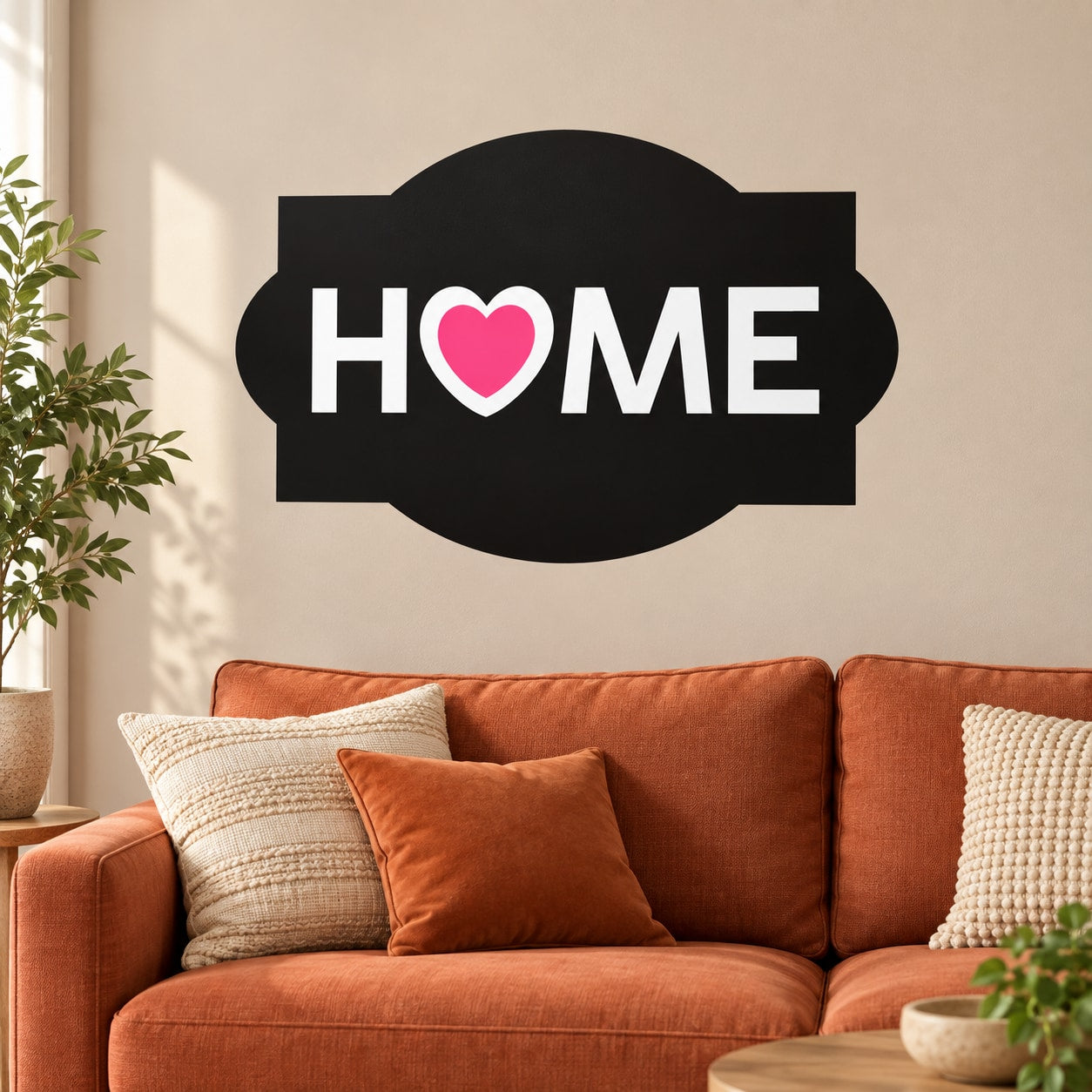 Black "HOME" wall decal with a pink heart replacing the letter O