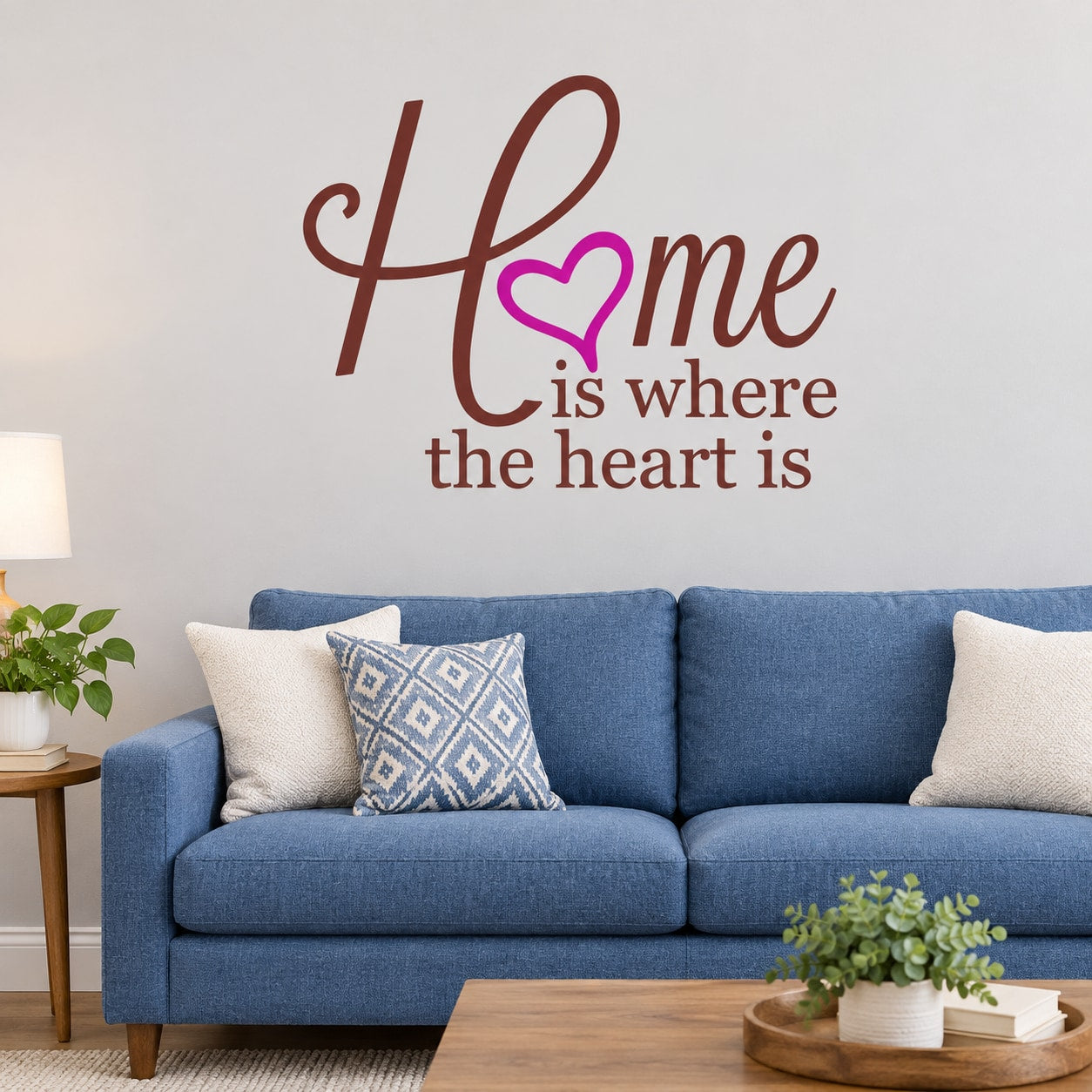 Die-cut wall decal with "Home is where the heart is" and heart