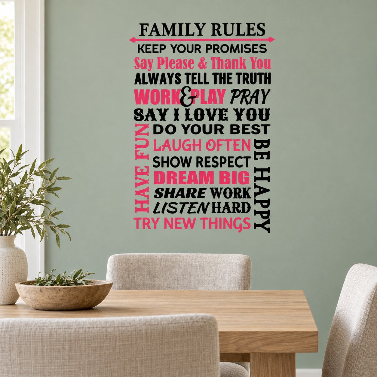 Family rules word collage wall decal with red and black lettering, die-cut
