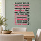 Family rules word collage wall decal with red and black lettering, die-cut