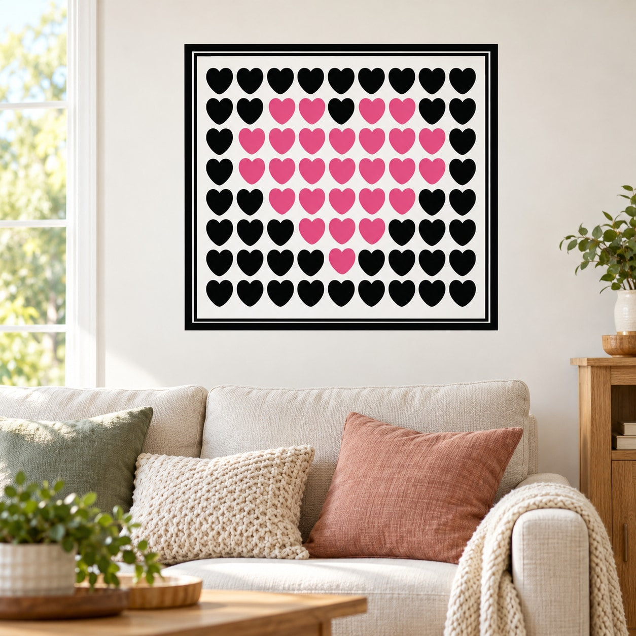 Heart collage wall decal with black and pink hearts in a rectangular frame