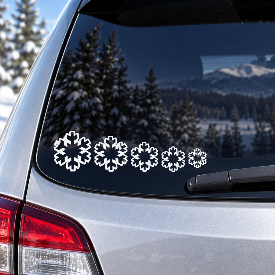 Snowflake family car window decal set with a row of white snowflakes
