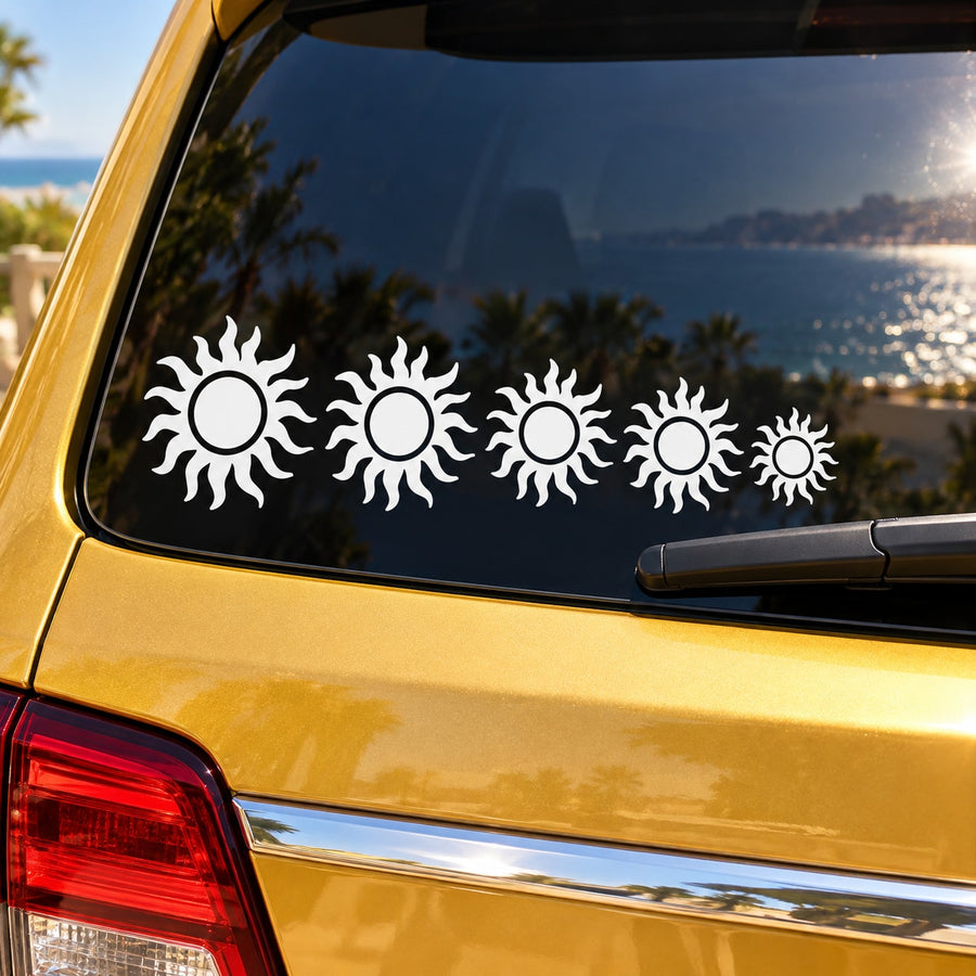 White sun flare car window decal set with multiple sunburst icons