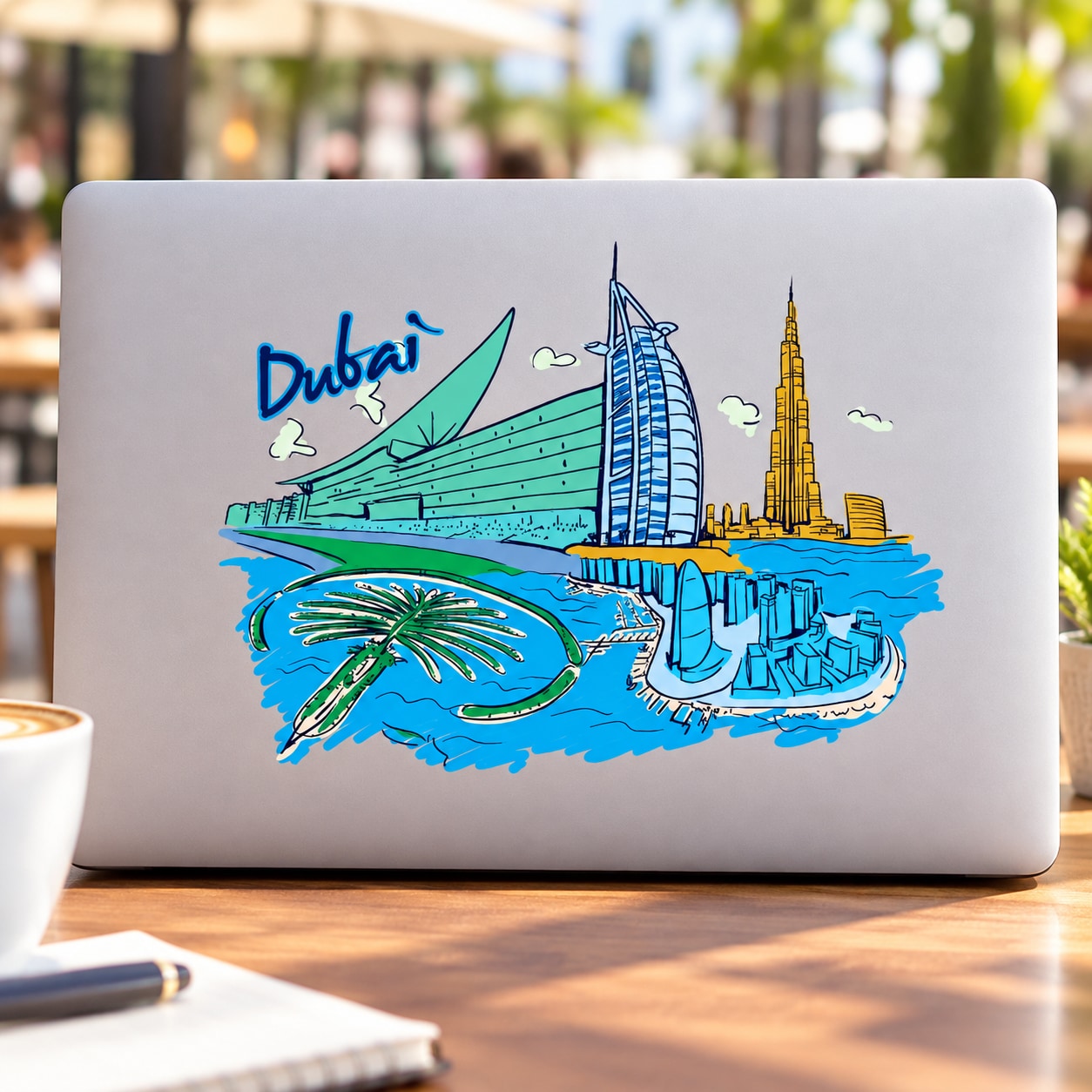 Dubai sticker with stylized skyline, Burj Khalifa, palm tree and waves