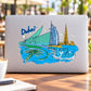 Dubai sticker with stylized skyline, Burj Khalifa, palm tree and waves