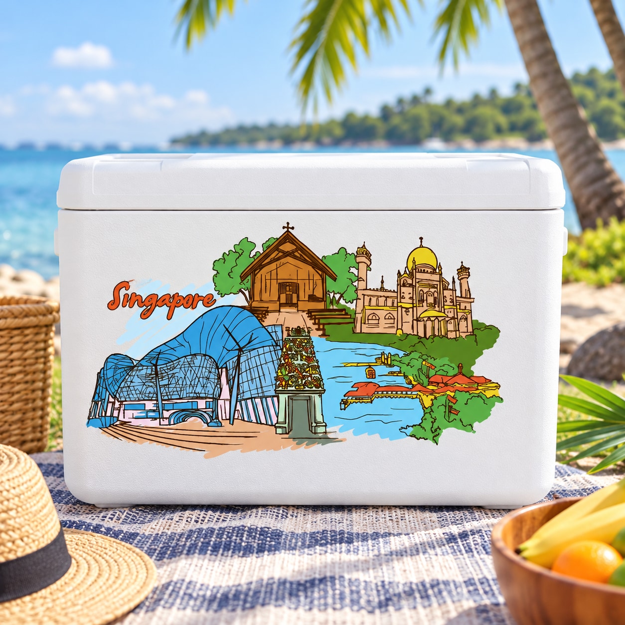 Colorful Singapore sticker showing skyline buildings, blue water, and Singapore text