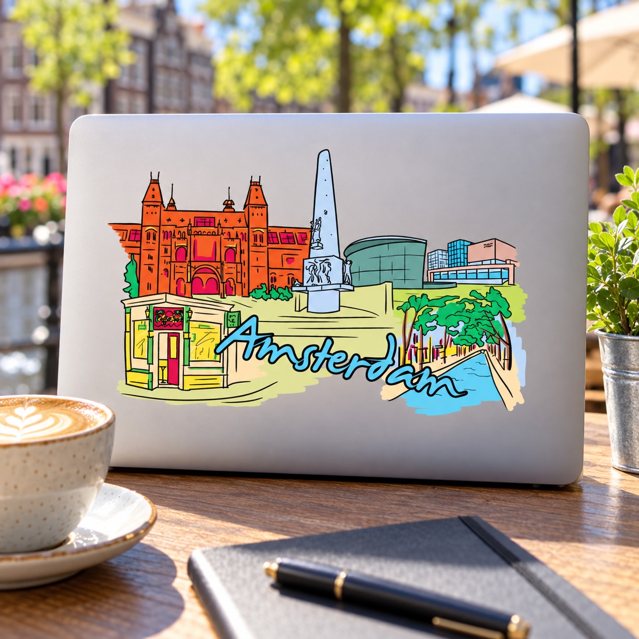 Rectangular Amsterdam sticker with colorful city skyline and handwritten “Amsterdam” text