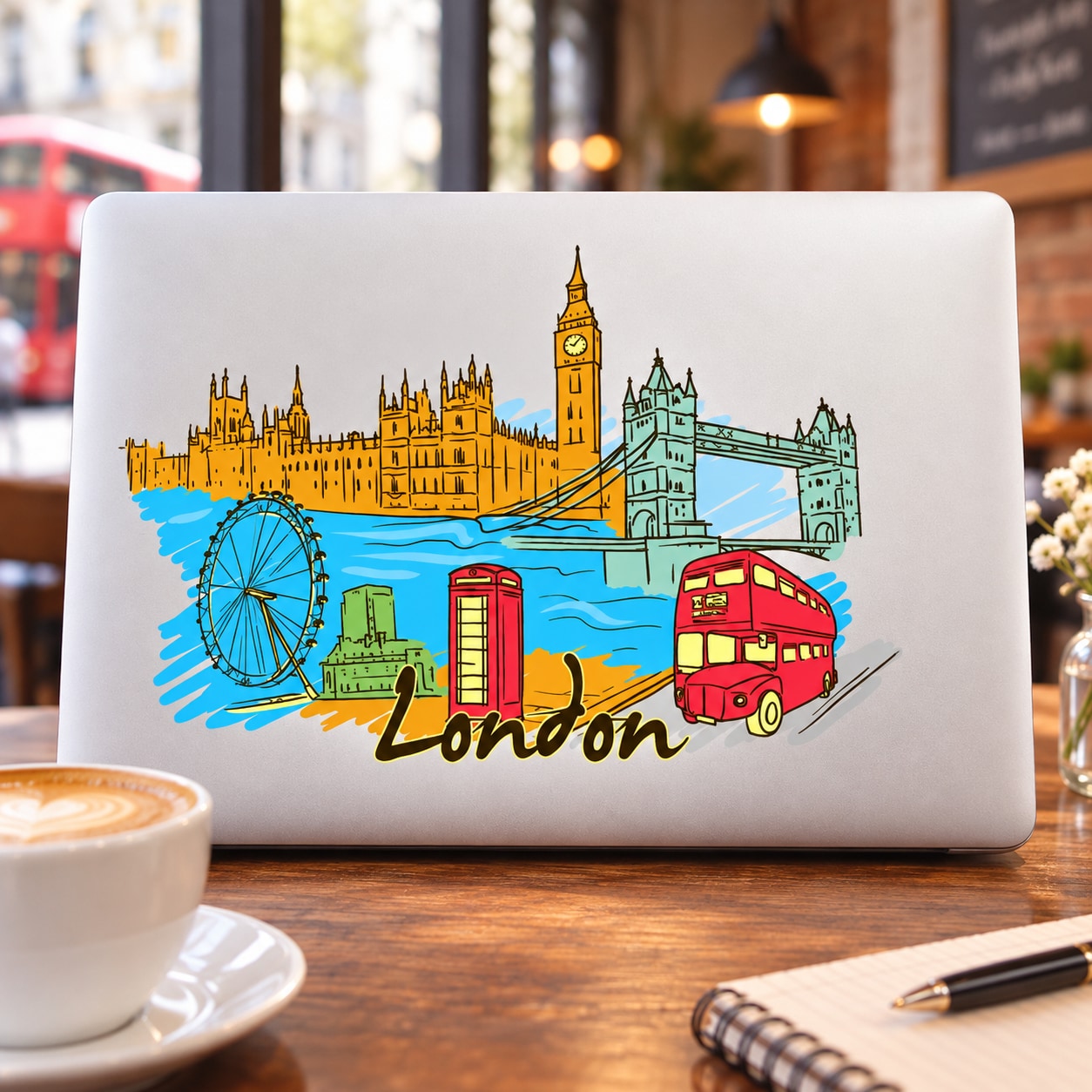 London skyline sticker with red double-decker bus, Ferris wheel, and Big Ben