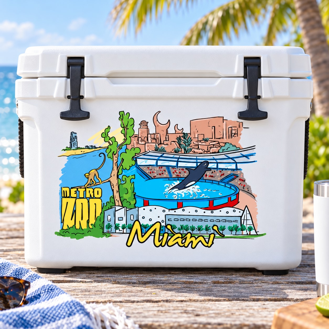 Miami sticker with colorful Metro Kingdom scene on white cooler lid