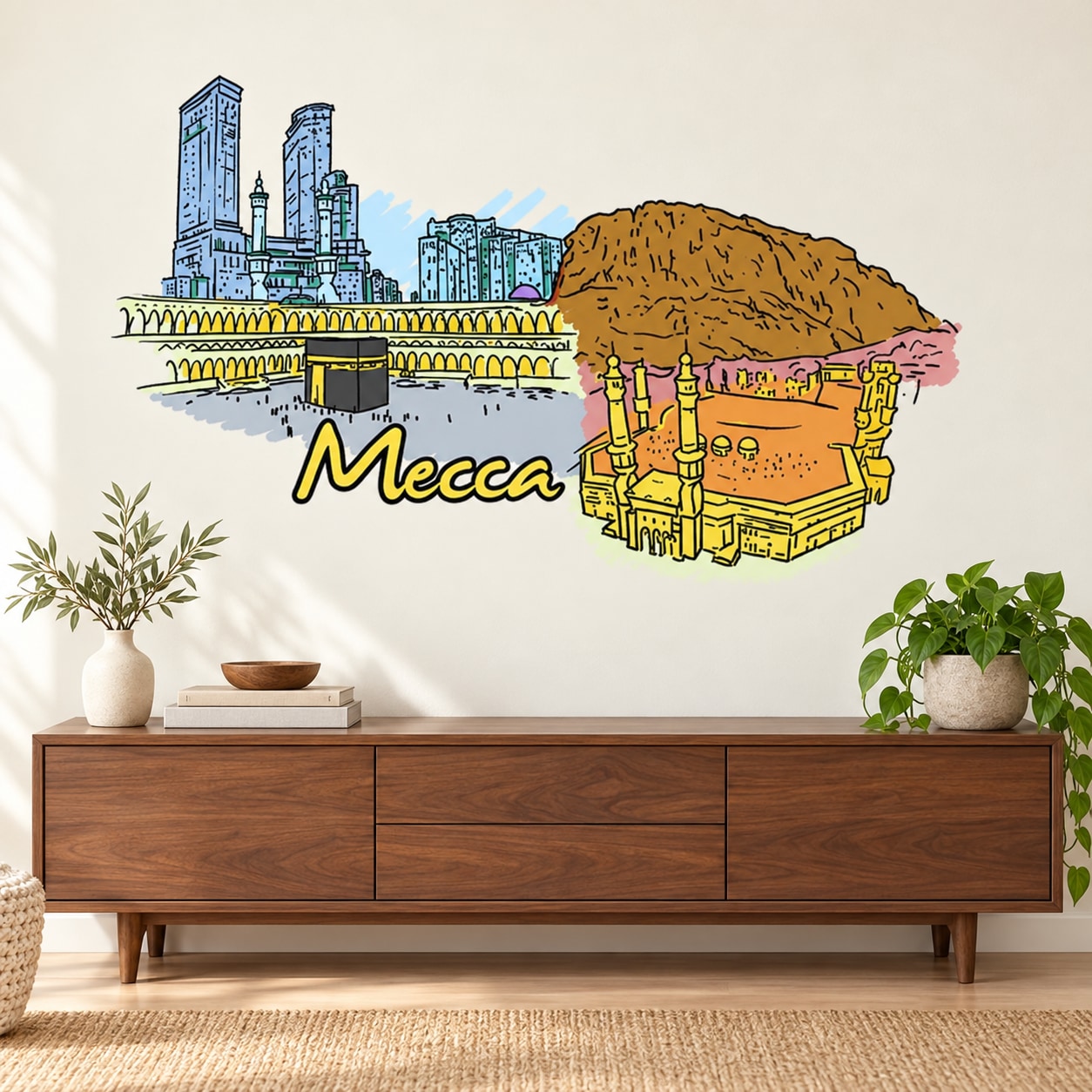 Mecca Sticker — illustrative vinyl decal application mockup. Surrounding objects are not included.