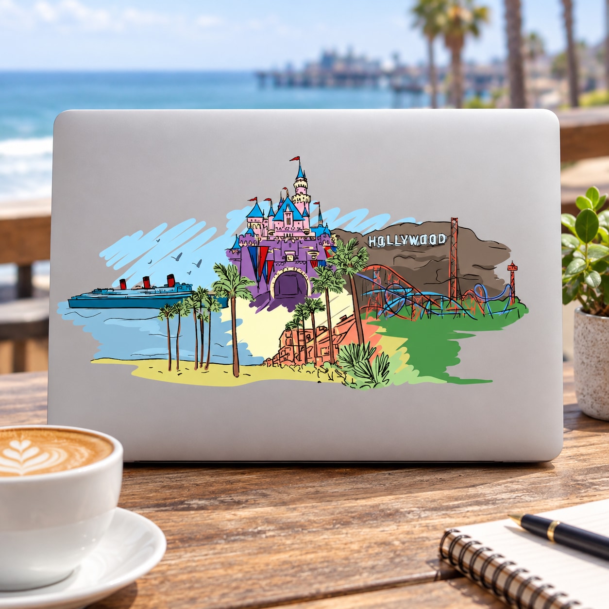 Colorful California sticker with cartoon castle, palm trees, and Hollywood sign