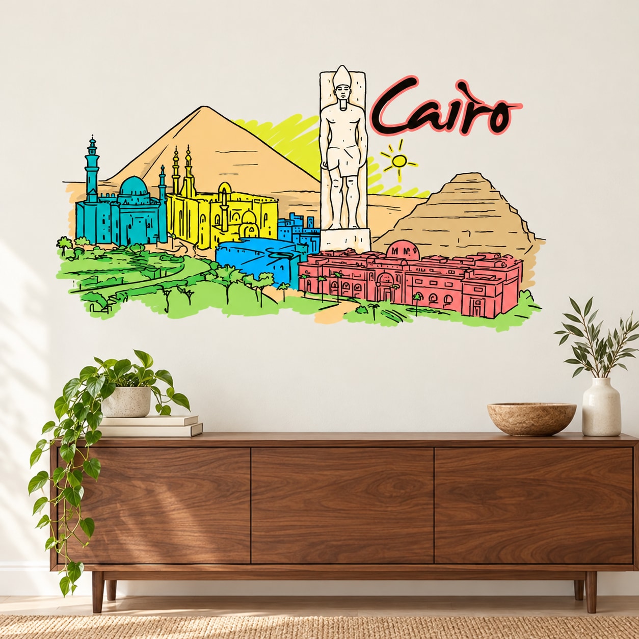 Cairo Egypt sticker with pyramids, landmarks skyline, and “Cairo” red script logo