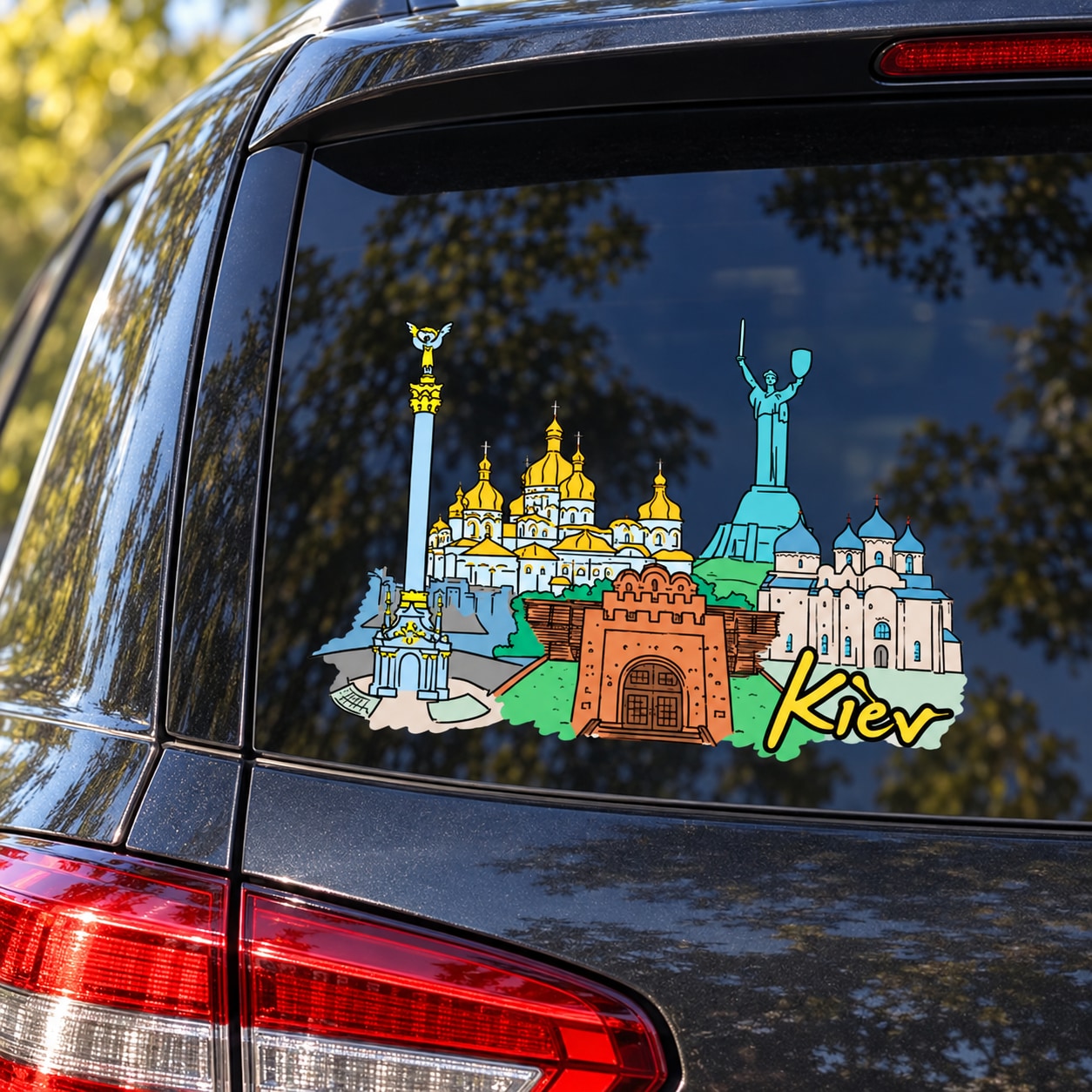 Colorful Kiev city skyline car window sticker with decorative letters and icons