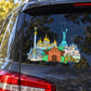 Colorful Kiev city skyline car window sticker with decorative letters and icons