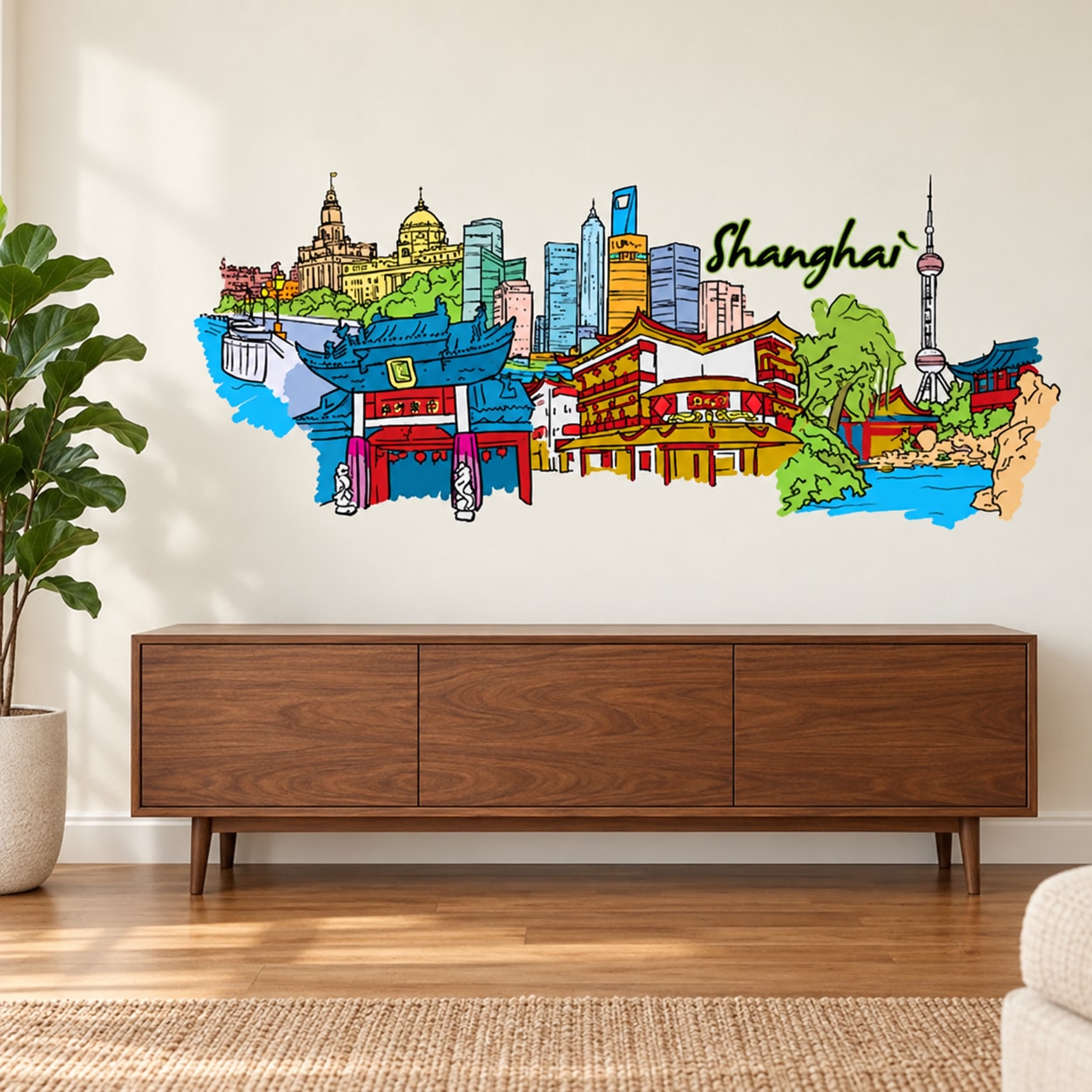 Shanghai city skyline sticker with colorful buildings, boats, and Chinese-style rooftops