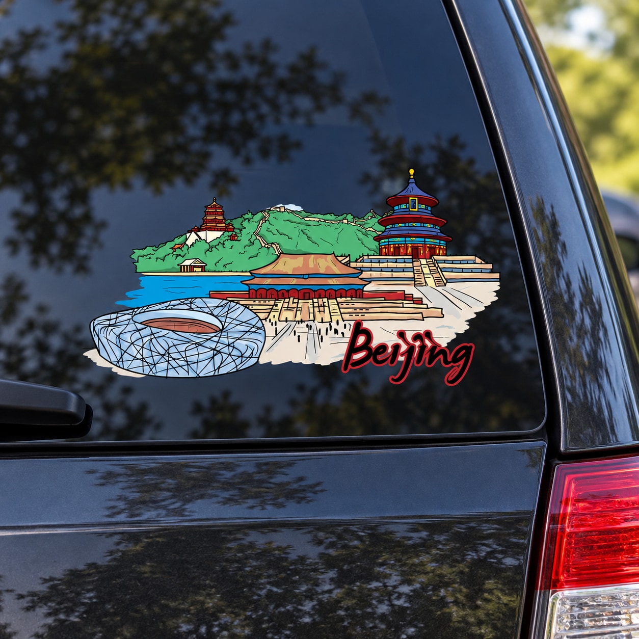Beijing landmark sticker with Tiananmen and Beijing red script on green map