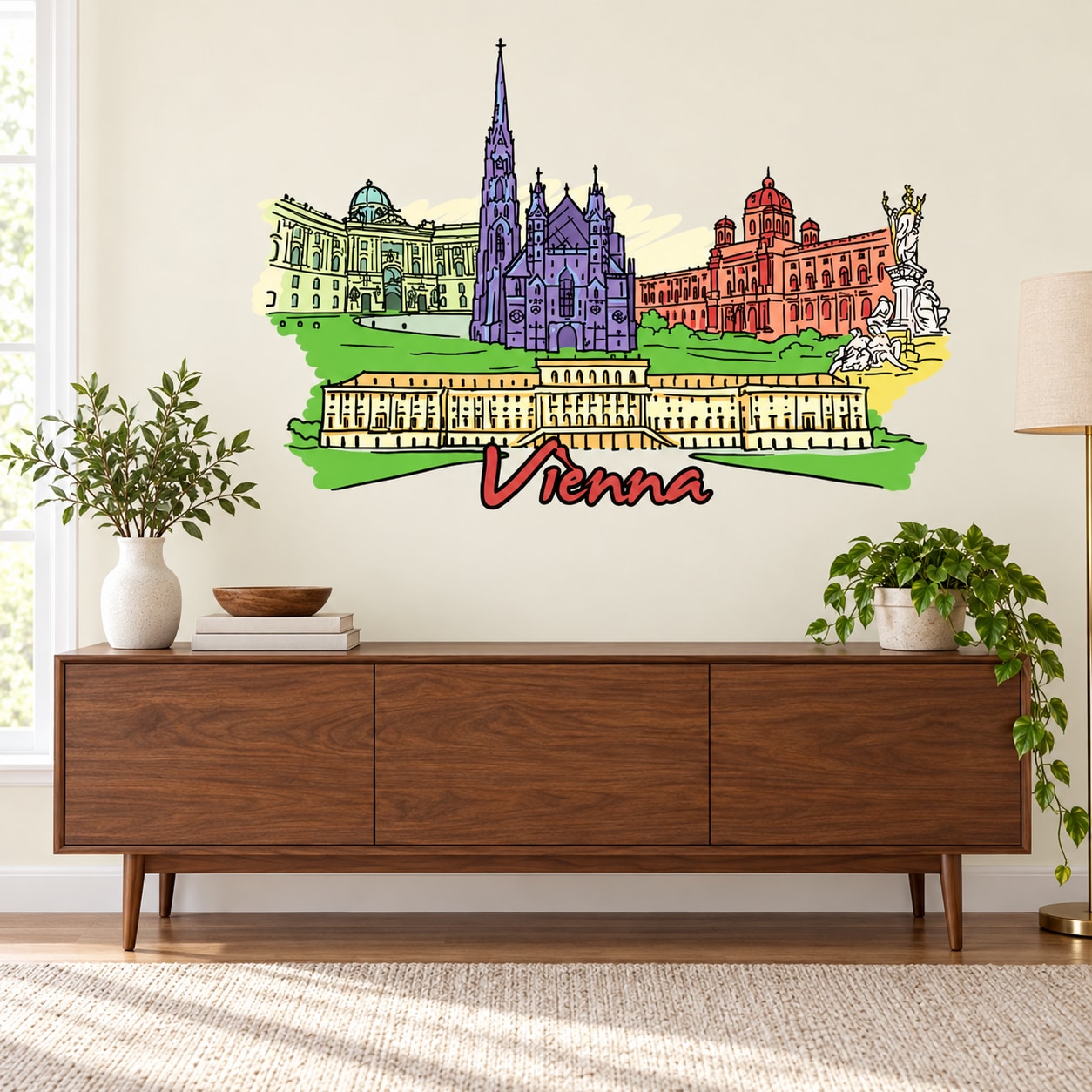 Vienna skyline wall sticker with colorful buildings and Vienna lettering