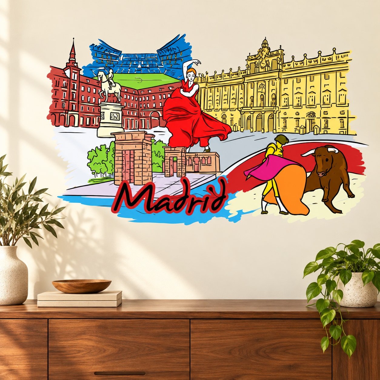 Colorful Madrid city sticker with skyline, matador, and 'Madrid' text.