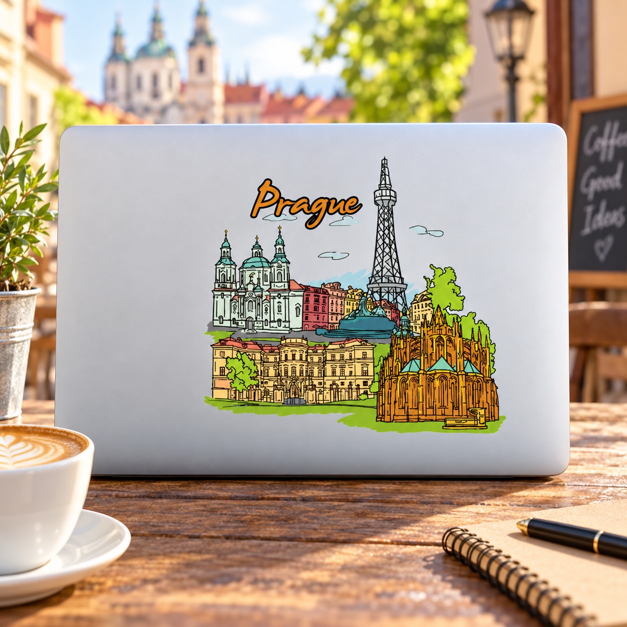 Prague-themed sticker with colorful city skyline illustration and Eiffel Tower-style tower