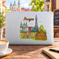 Prague-themed sticker with colorful city skyline illustration and Eiffel Tower-style tower