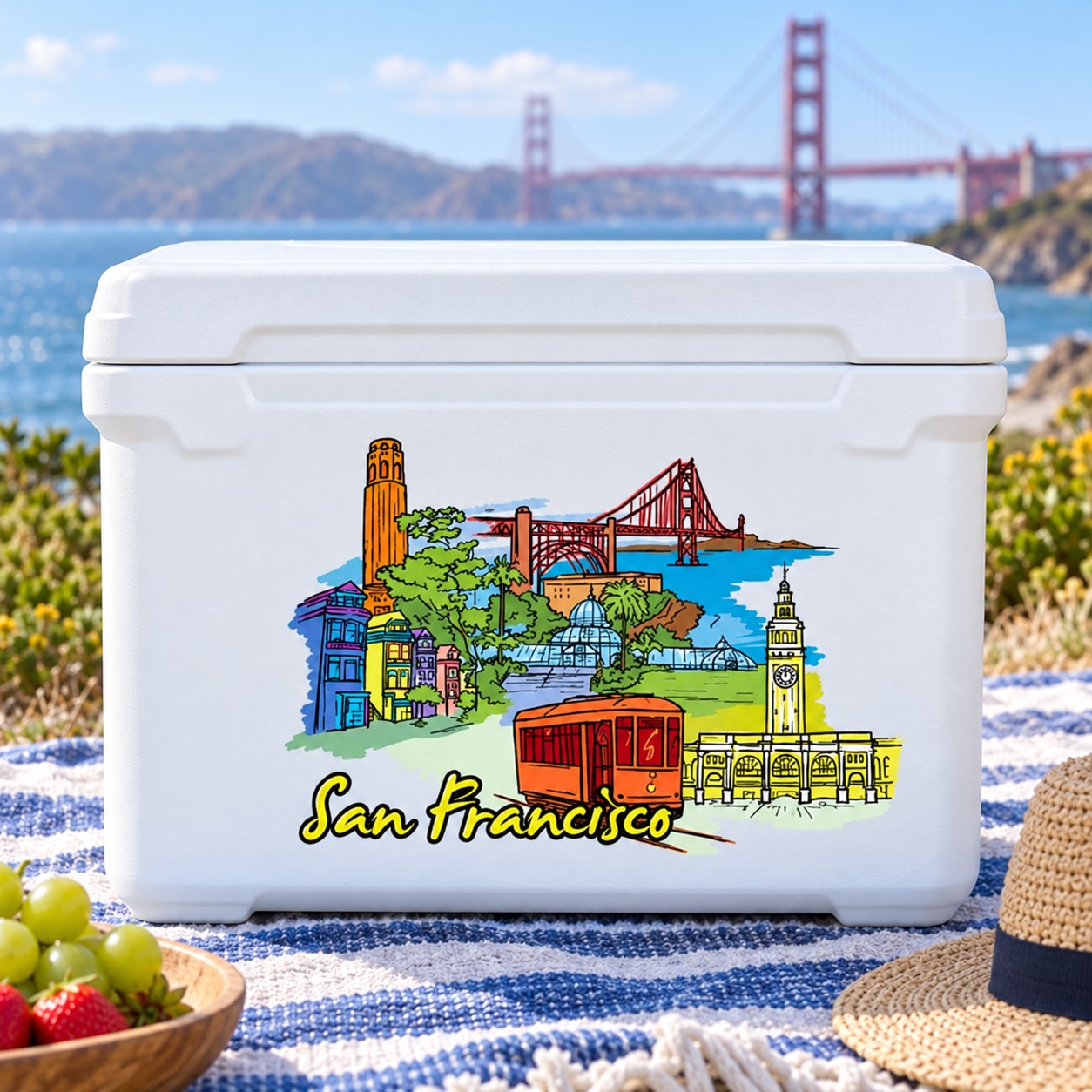 Colorful San Francisco skyline sticker with cable cars and bridge on white background