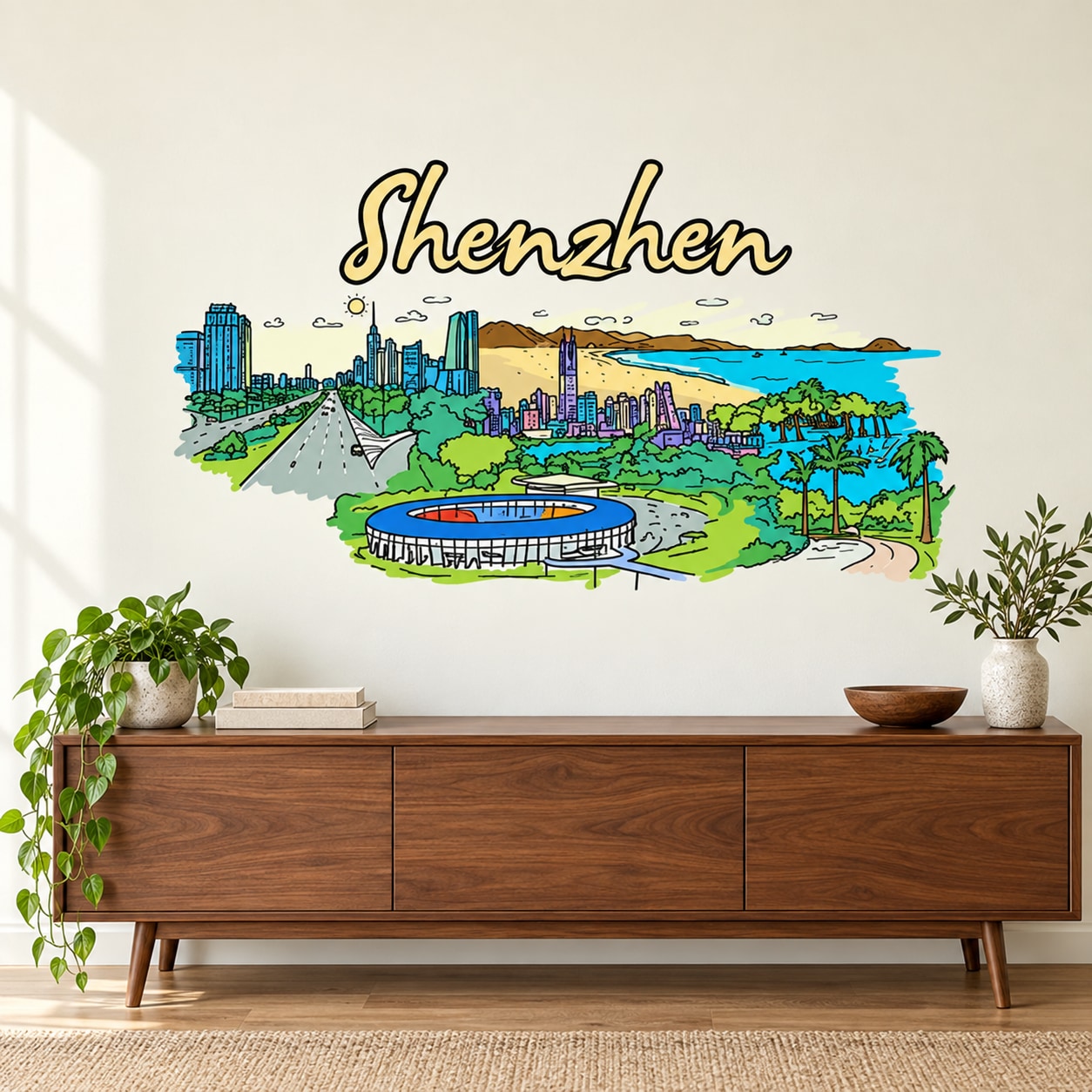 Shenzhen wall sticker with colorful city skyline illustration and “Shenzhen” script