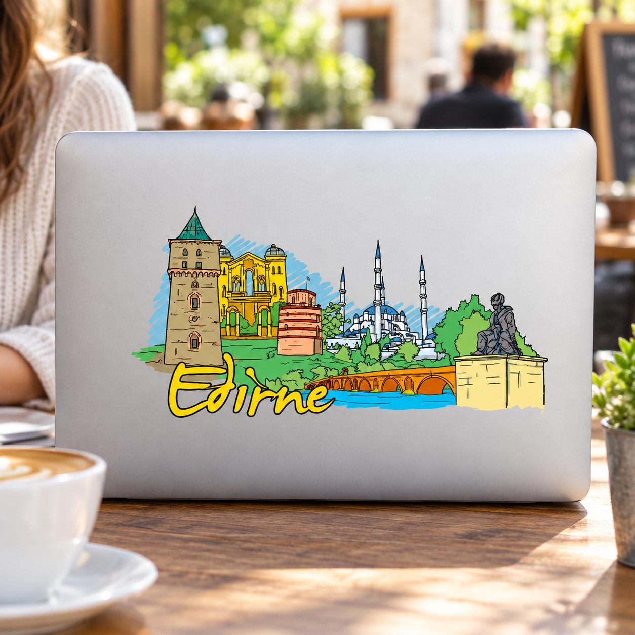 Edirne cityscape sticker with landmark buildings and blue text logo