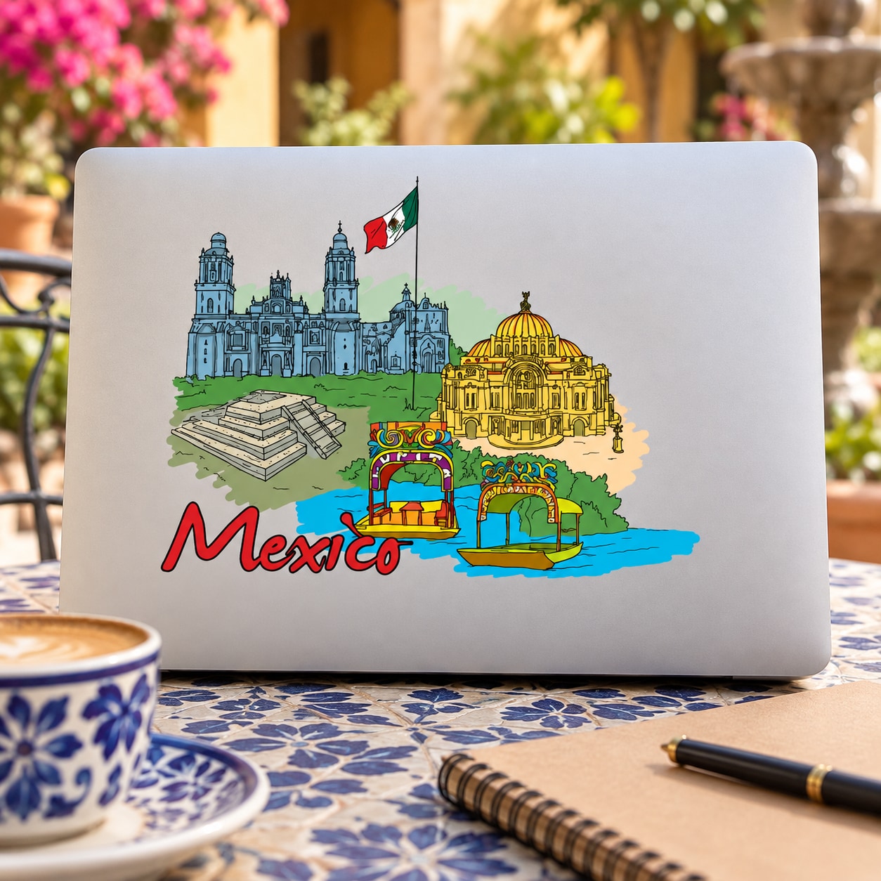 Mexico travel sticker with skyline, flag, golden dome, and colorful Mexico script