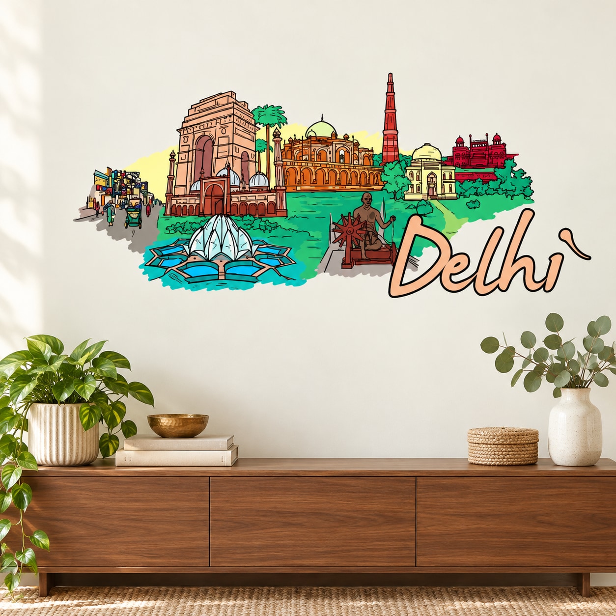Delhi wall sticker with colorful illustrated city skyline and “Delhi” script text