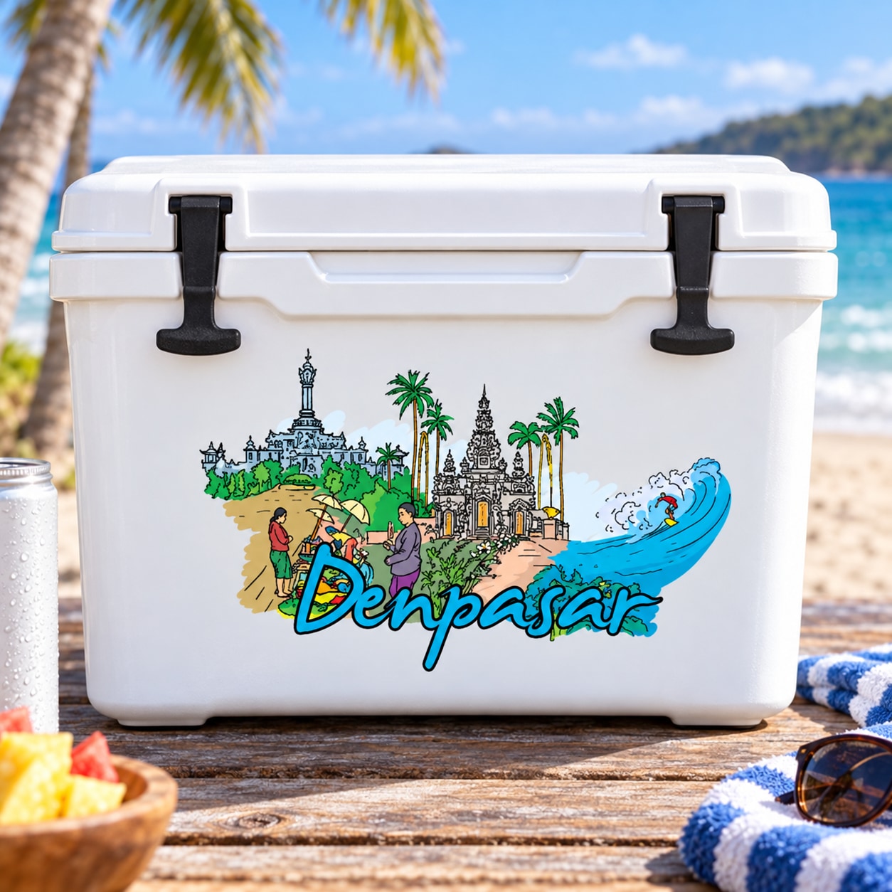 Denpasar sticker featuring a colorful city and palm scene with a blue wave