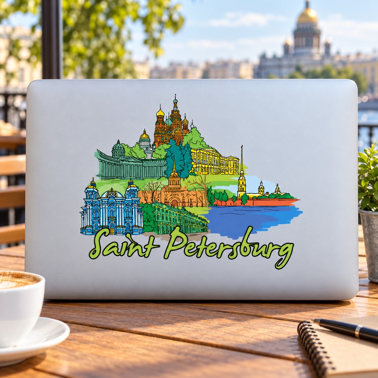 Colorful Saint Petersburg skyline sticker with domes and cursive title