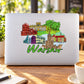 Rectangular Warsaw city sticker with colorful skyline illustration and green “Warsaw” text