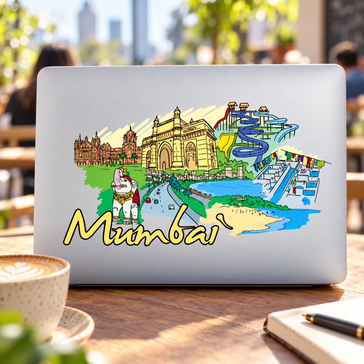 Mumbai sticker with colorful city landmarks and flowing blue road artwork