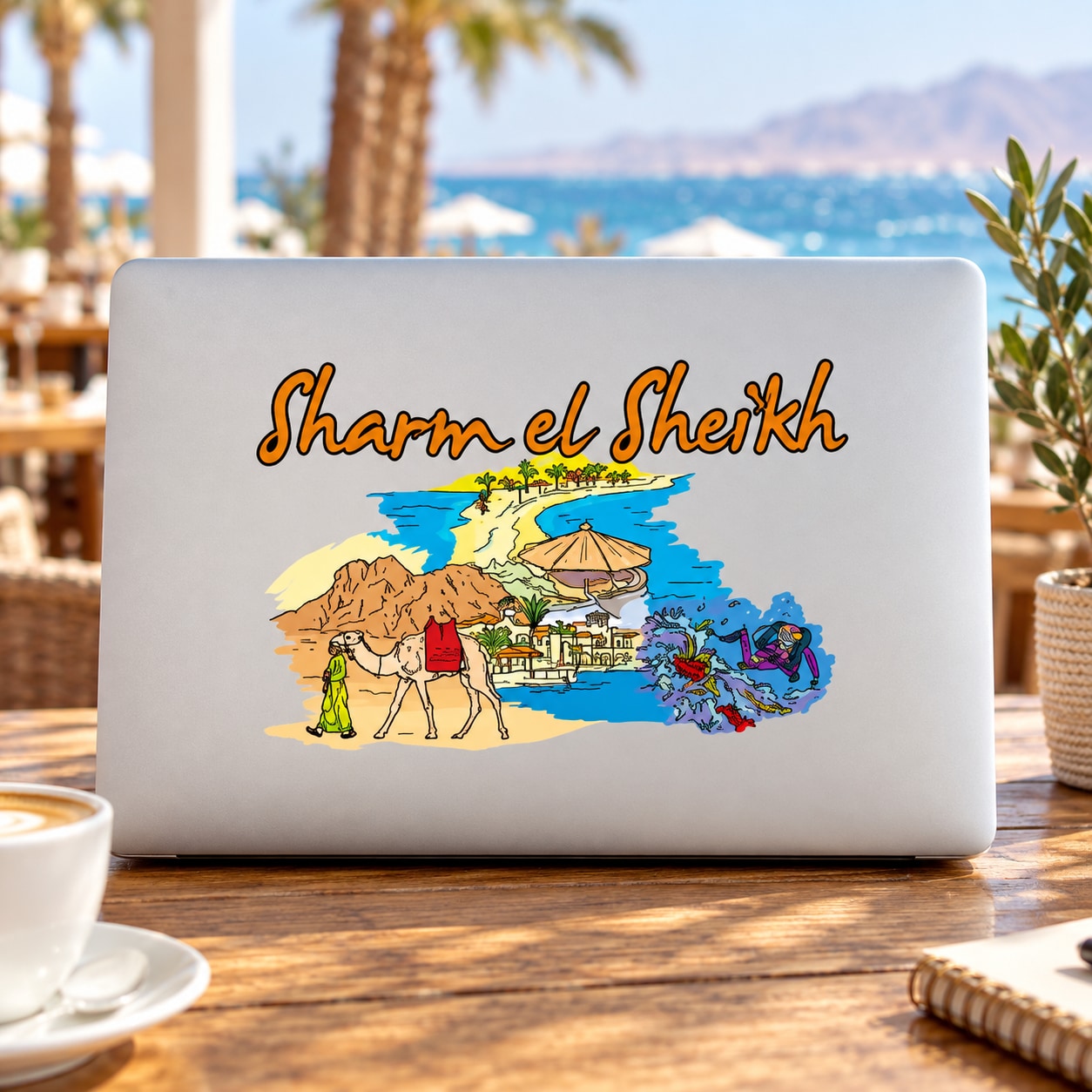 Travel sticker with 'Sharm el Sheikh' text and colorful illustrated seaside map