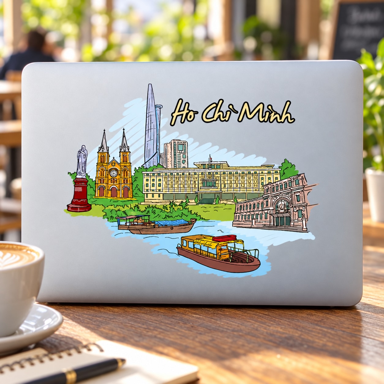 Ho Chi Minh cityscape sticker with landmarks, river boat, and cursive text