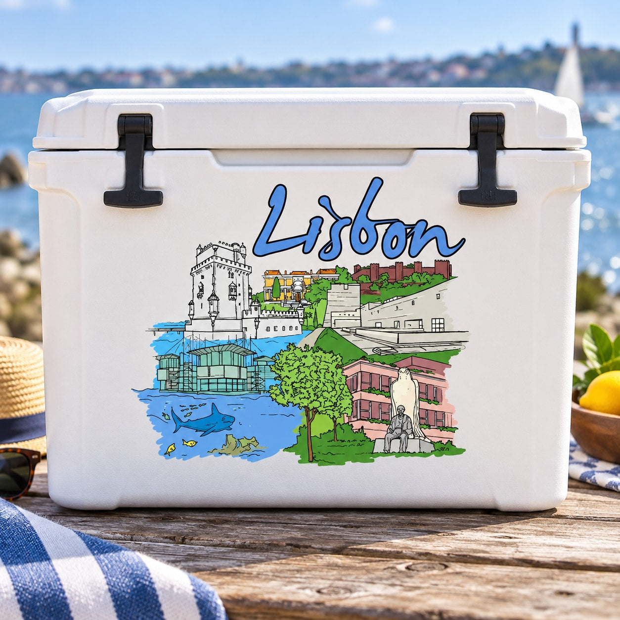 Rectangular Lisbon city illustration sticker with skyline, river, and blue script