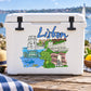 Rectangular Lisbon city illustration sticker with skyline, river, and blue script