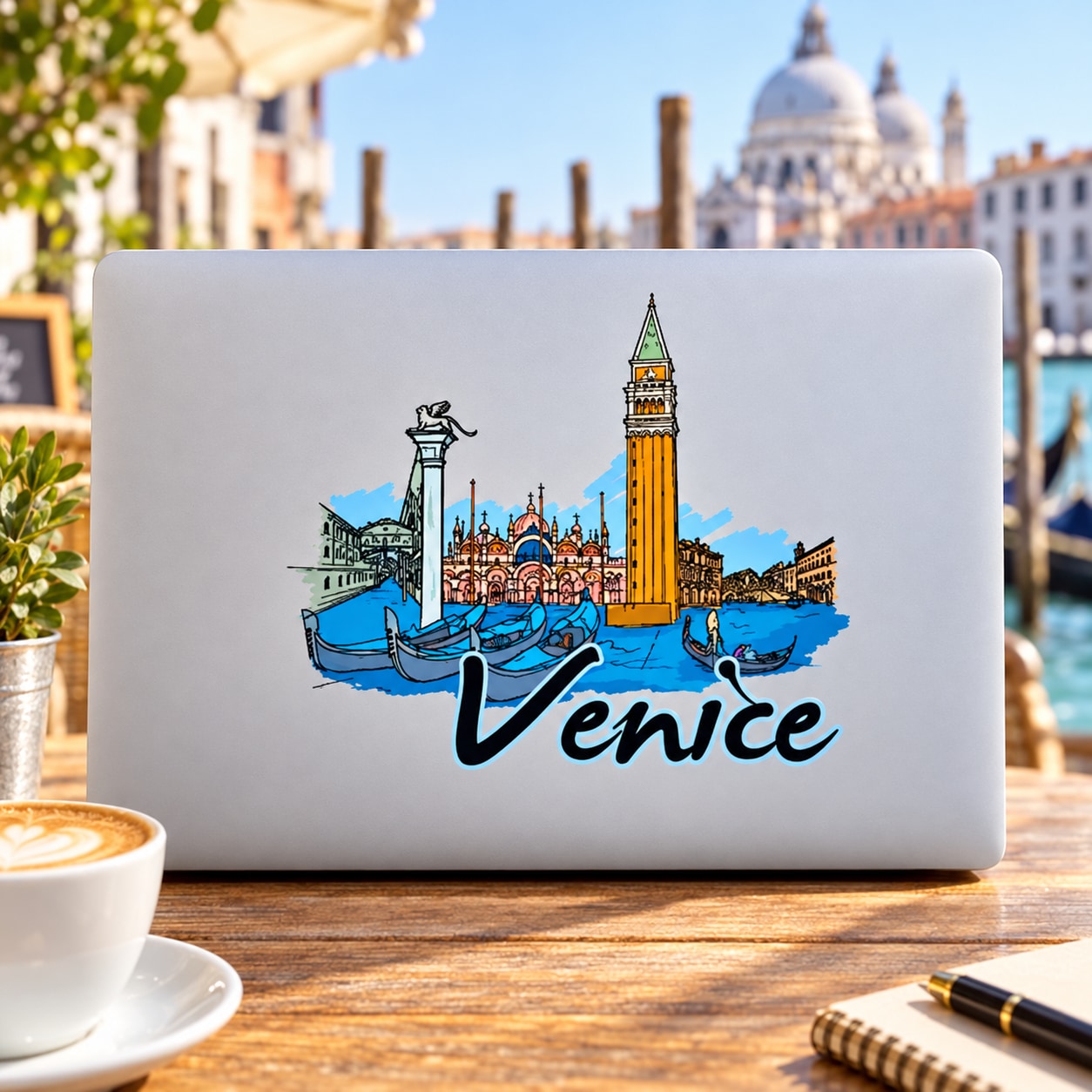 Rectangle Venice sticker with illustrated skyline, gondolas, and blue Venice script.