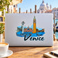 Rectangle Venice sticker with illustrated skyline, gondolas, and blue Venice script.