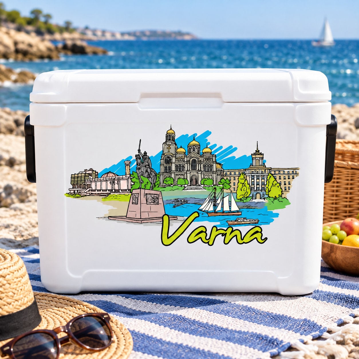 Varna city skyline graphic sticker on white cooler container