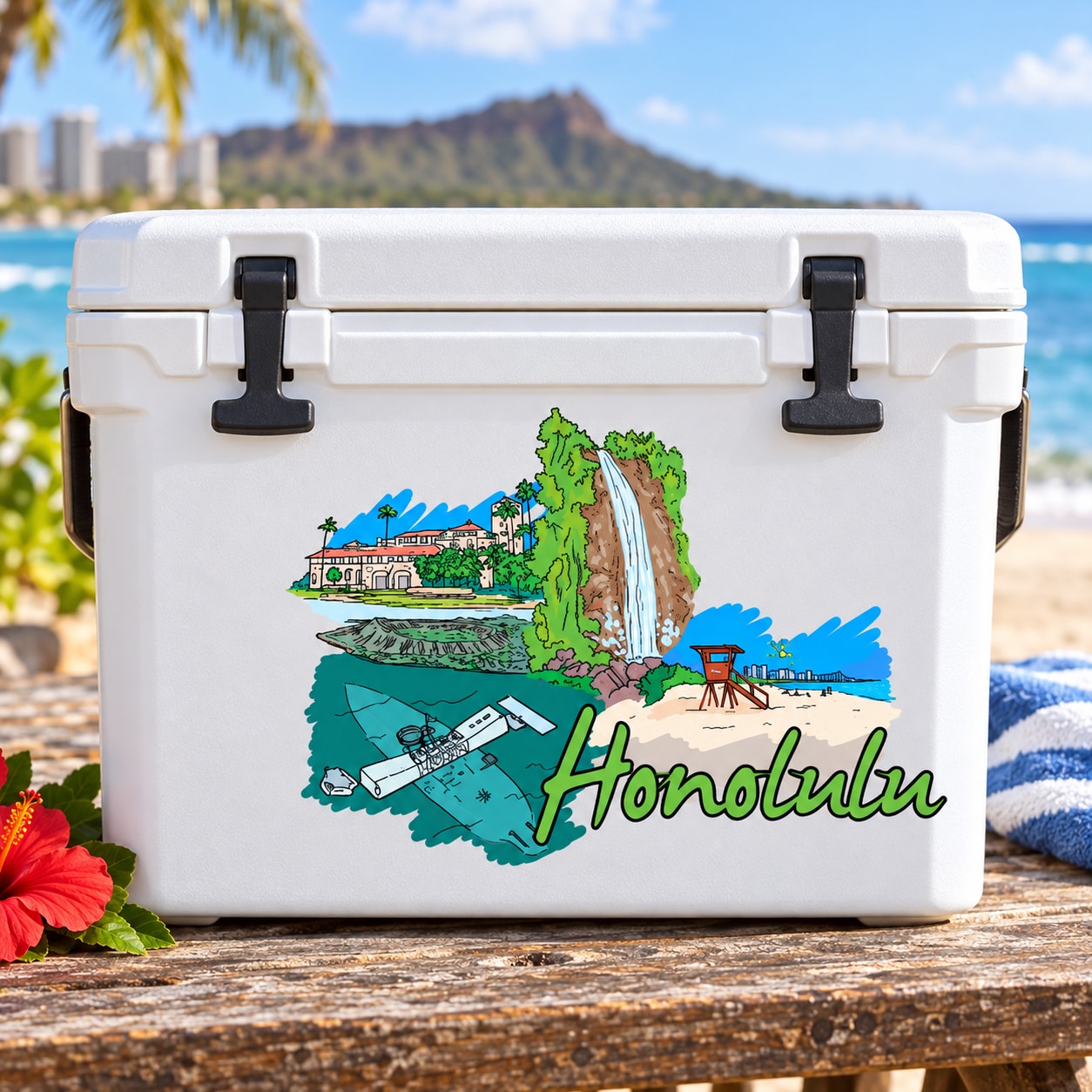 Colorful Honolulu sticker with beach, waterfall, palm trees and cursive Honolulu text