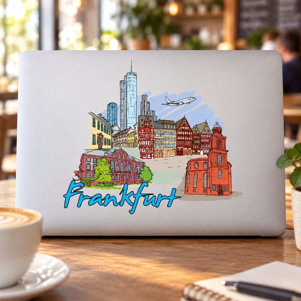 Frankfurt skyline sticker with airplane and 'Frankfurt' text