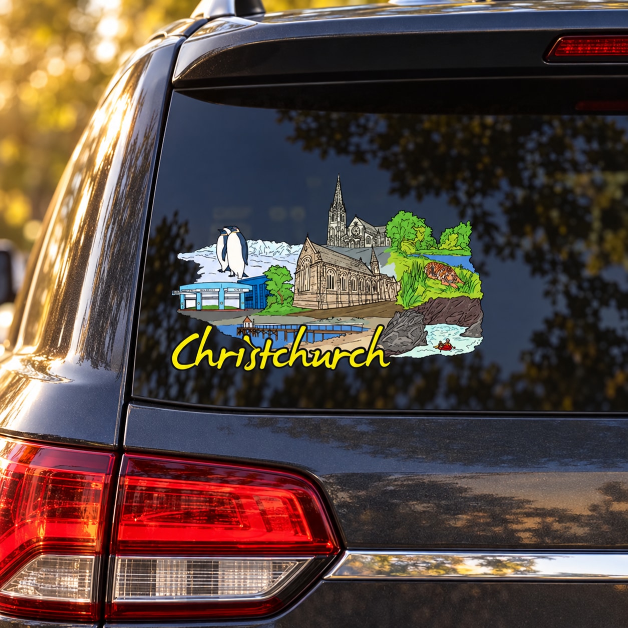 Christchurch city landmark sticker with cathedral illustration and green trees