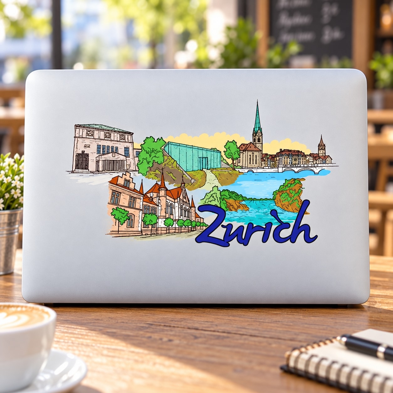 Zurich sticker with colorful city skyline illustration and blue “Zurich” script on white background