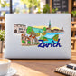 Zurich sticker with colorful city skyline illustration and blue “Zurich” script on white background