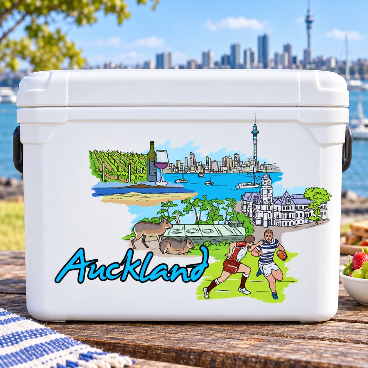 Auckland sticker on a white cooler with colorful city skyline illustration