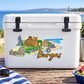 Burgas sticker showing city skyline, blue sea waves, and yellow 'Burgas' lettering