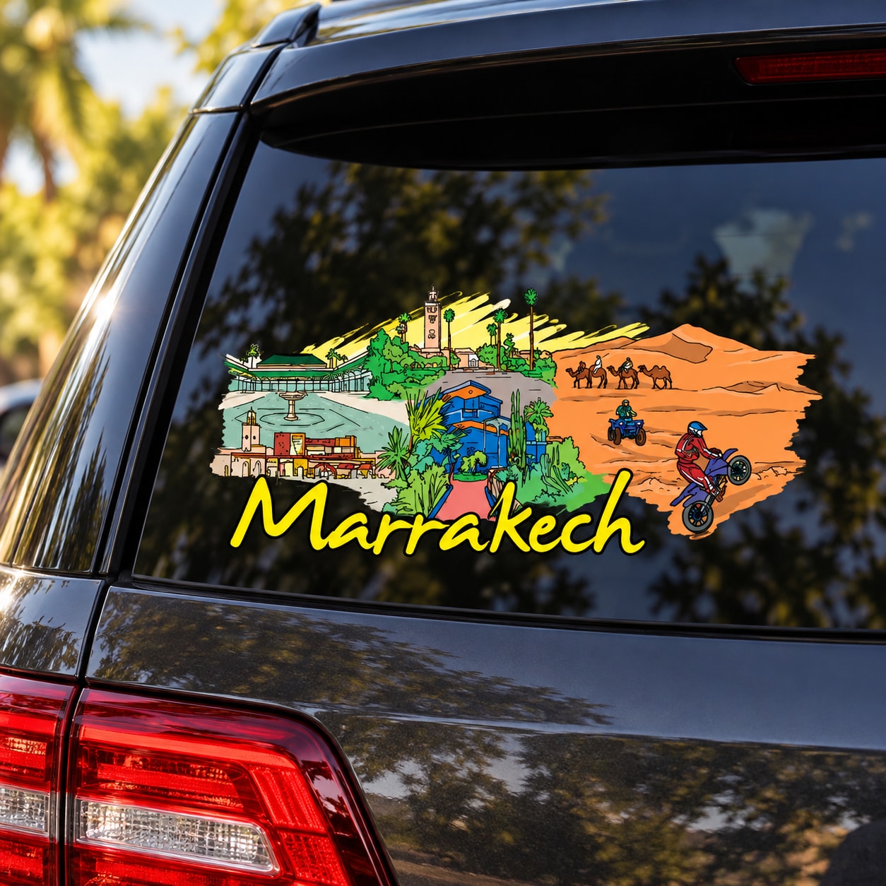 Colorful Marrakech skyline car window sticker with cursive Marrakech text