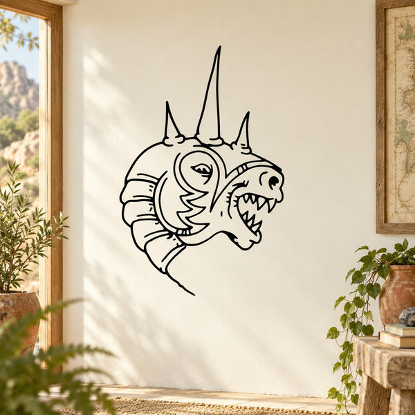 Horned lizard king wall decal, black line art profile with spiky horns and face